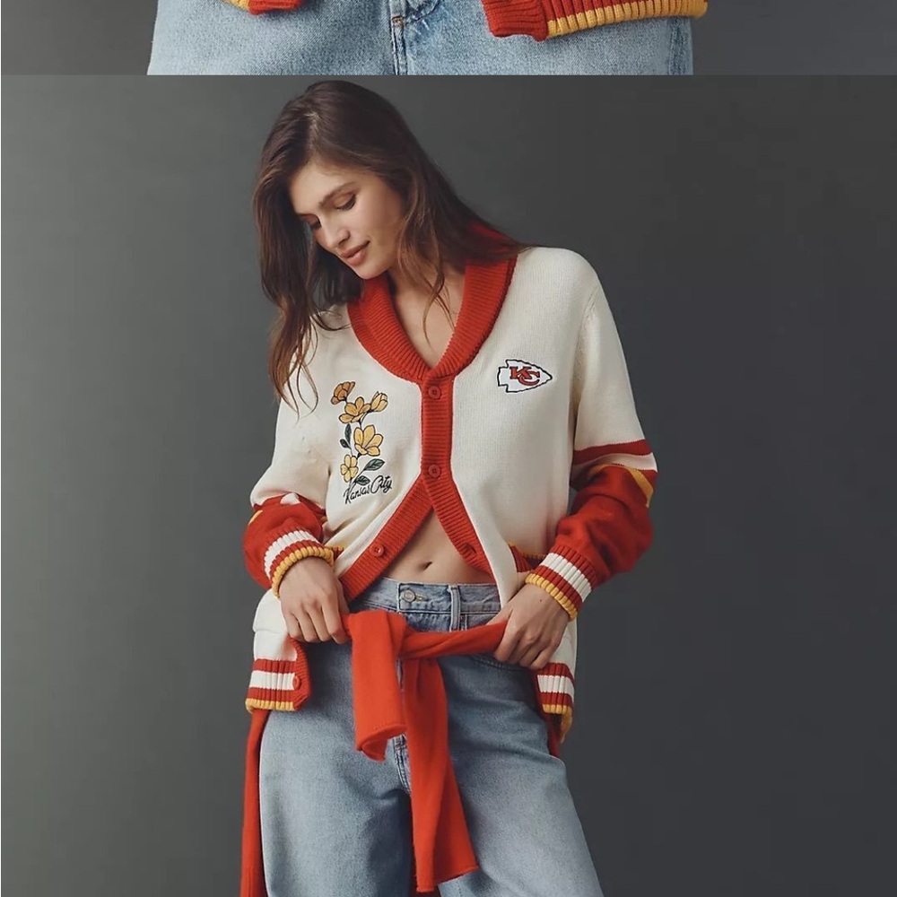 Anthropology Red and White NFL Chiefs Embroidered Cardigan